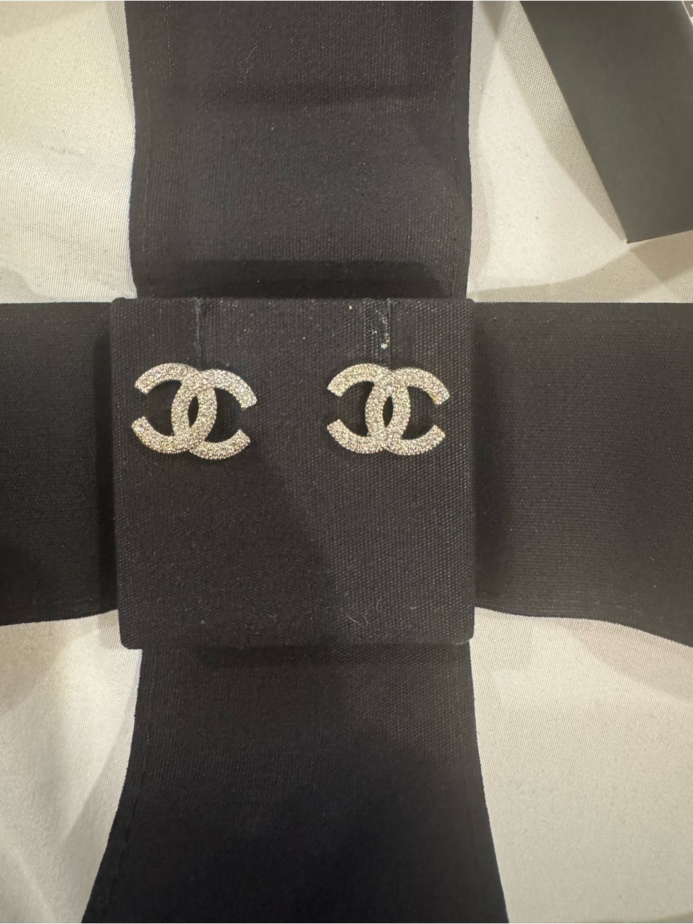 CHANEL Silver Crystal CC Logo Stud Earrings